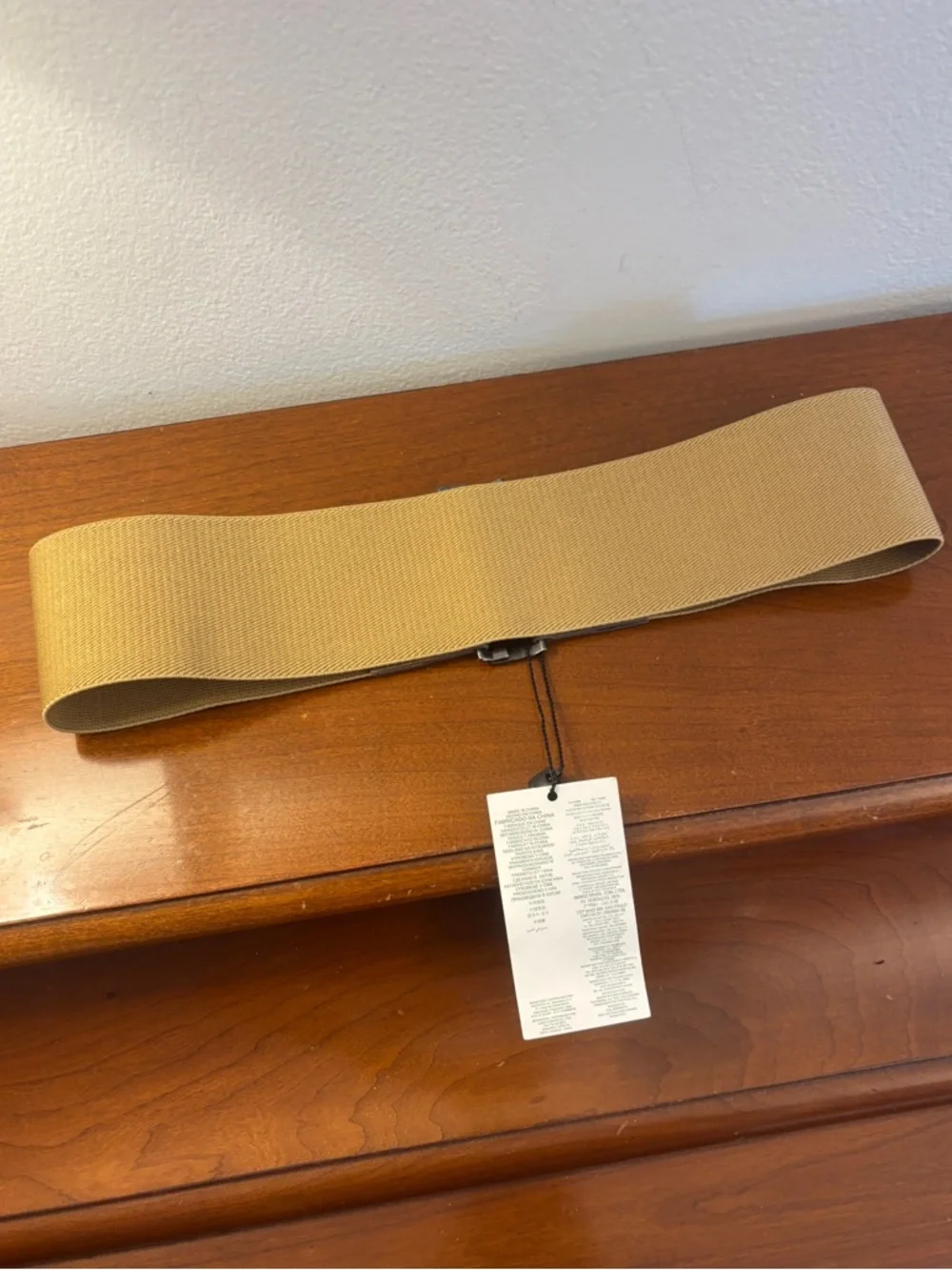 NWT MNG Mango Wide Elastic Stretch Belt Beige Tan Metallic Buckle OS